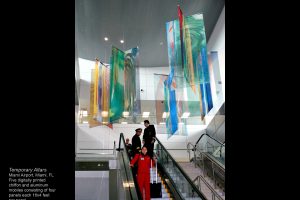 “Temporary Altars”, digitally printed chiffon mobiles (five), 4’ x 16’ each.
Location: South Terminal (Concourse J), pre-security, east elevator lobby, third & fourth level.